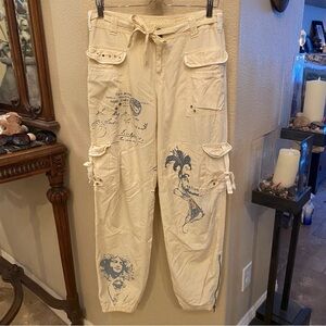 Vintage DA-NANG Light Yellow Y2K Graphic Embellished Cargo Pants Size Medium